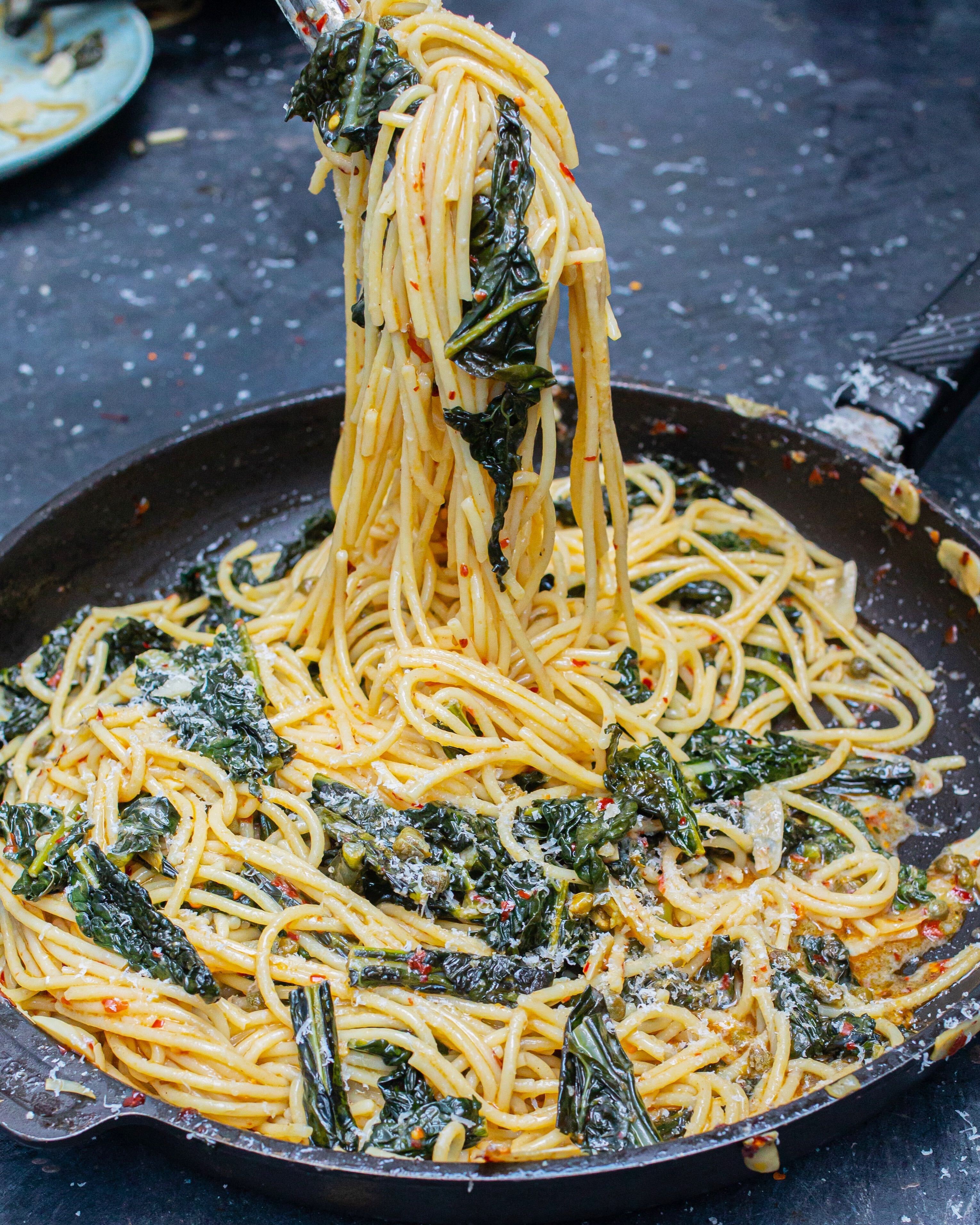 image of Garlicky Cavolo Nero & Caper Spaghetti recipe by Mob image of Garlicky Cavolo Nero & Caper Spaghetti recipe by Mob