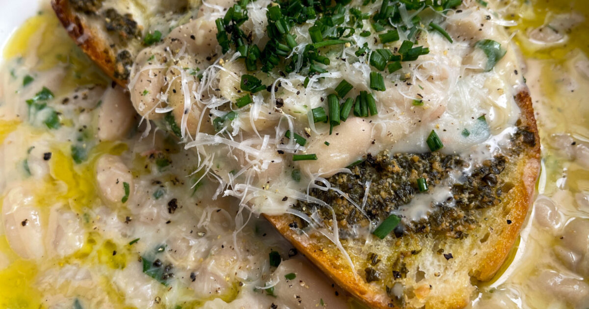 Mob — Creamy Tahini Beans on Pesto Toast
