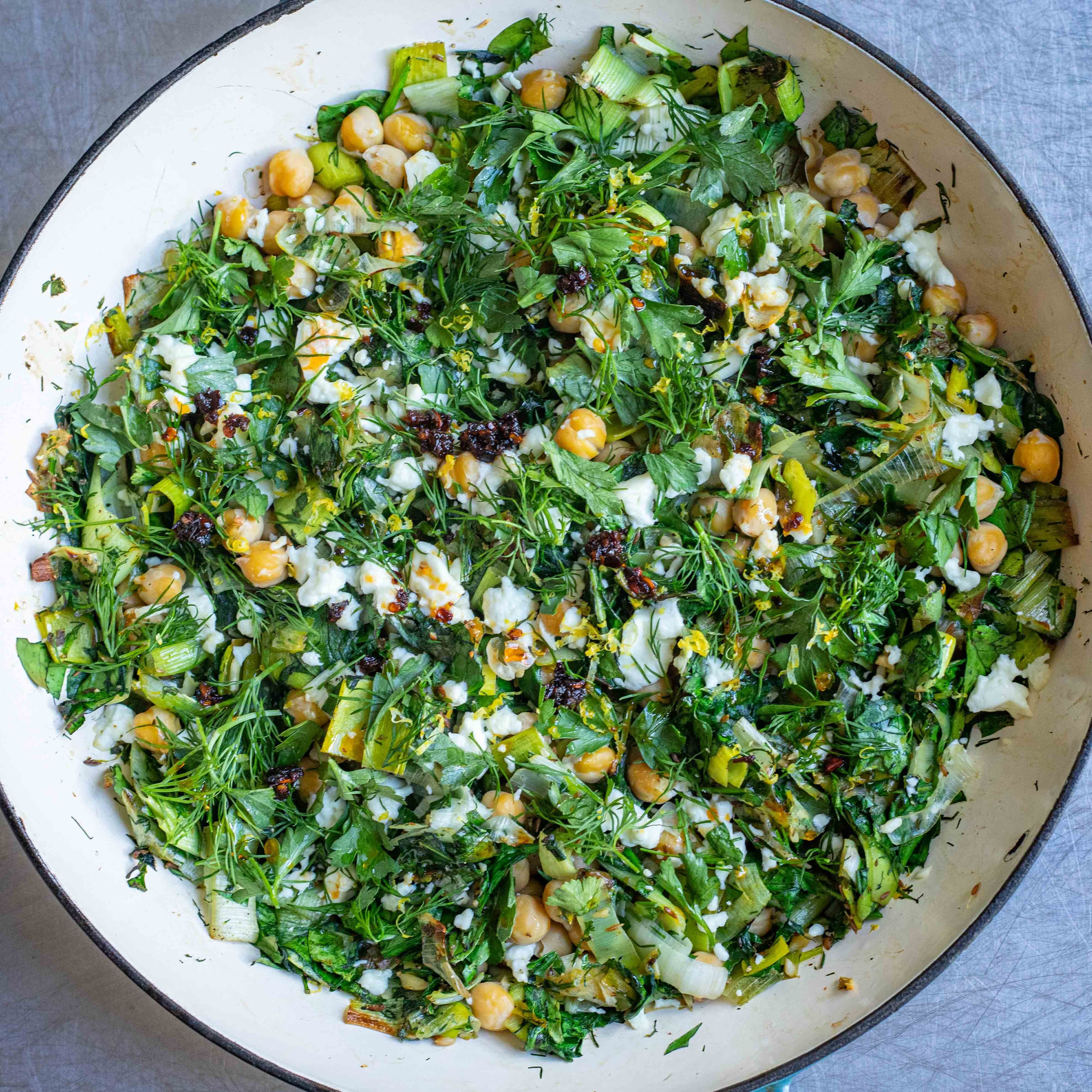 image of Herby Leeks With Chickpeas & Chilli Feta recipe by Mob
