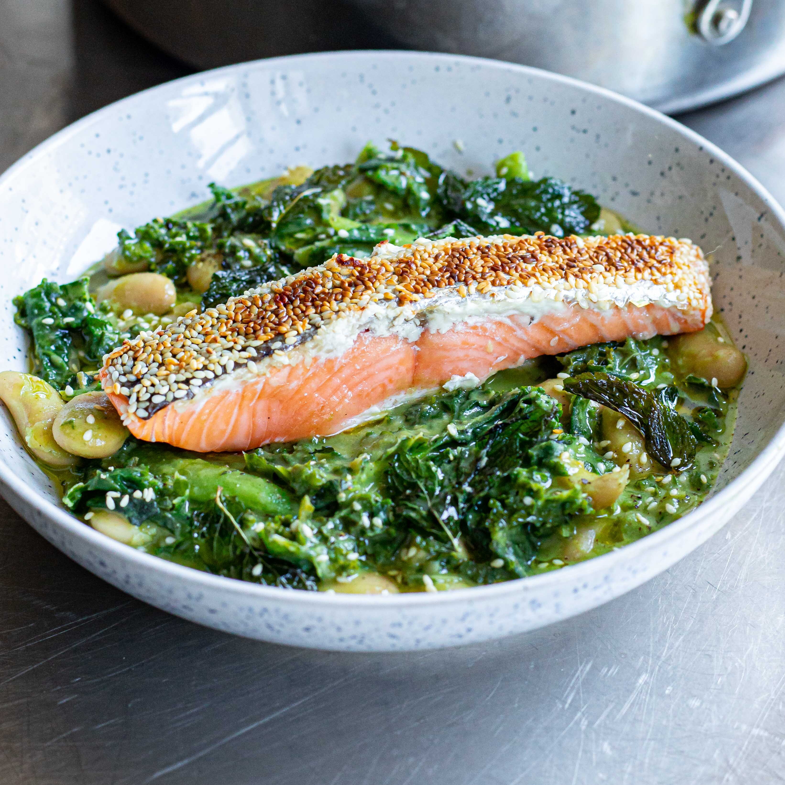 image of Sesame Crusted Salmon With Minty Butter Beans recipe by Mob