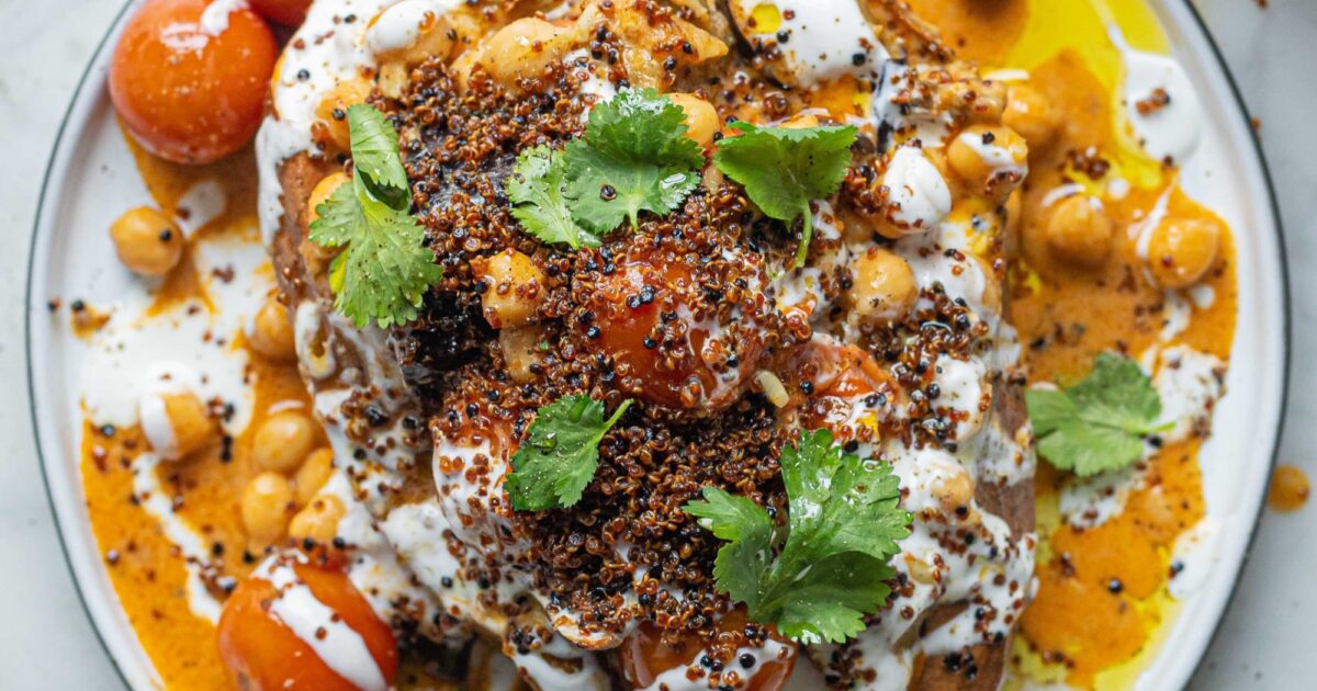 Sweet Potato Stuffed with Chickpea & Aubergine Curry Mob