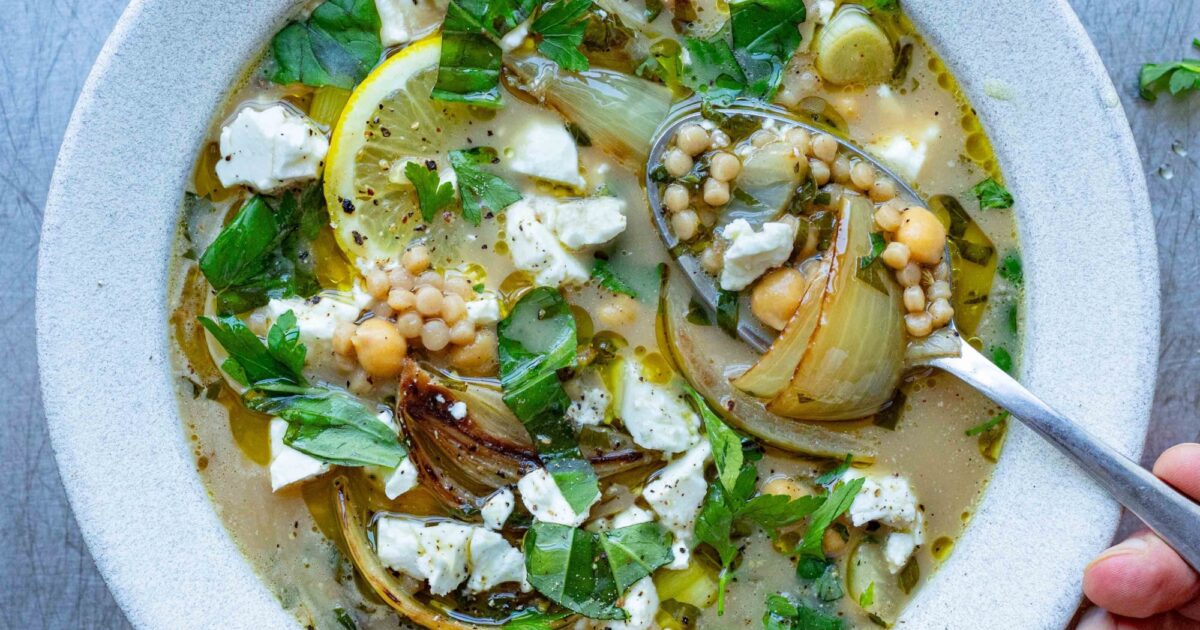 Mob — Charred Onion and Fennel Broth with Fregola, Chickpeas and Feta