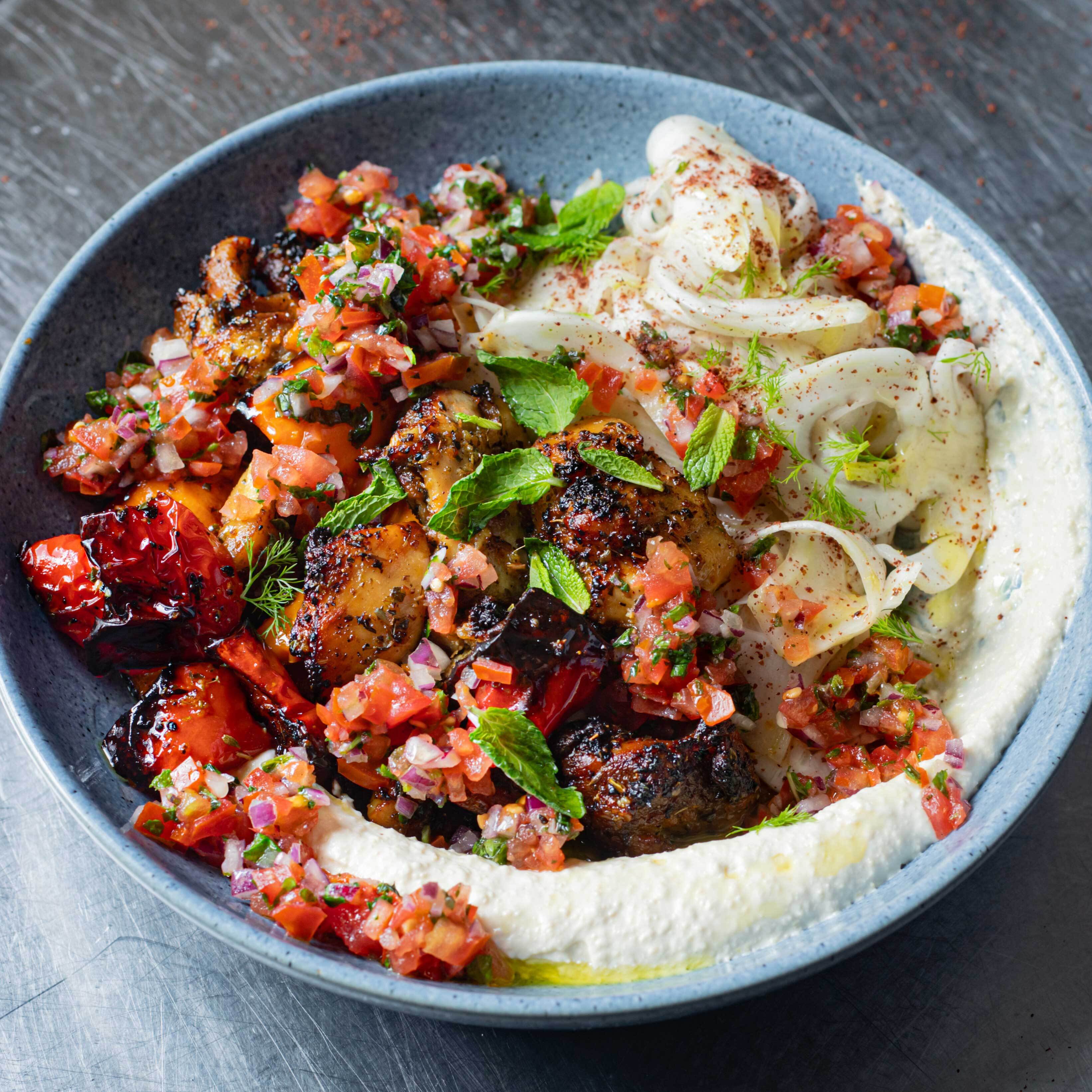 Air Fryer Lemon & Garlic Chicken Hummus Bowls with Tomato & Mint Salsa-image