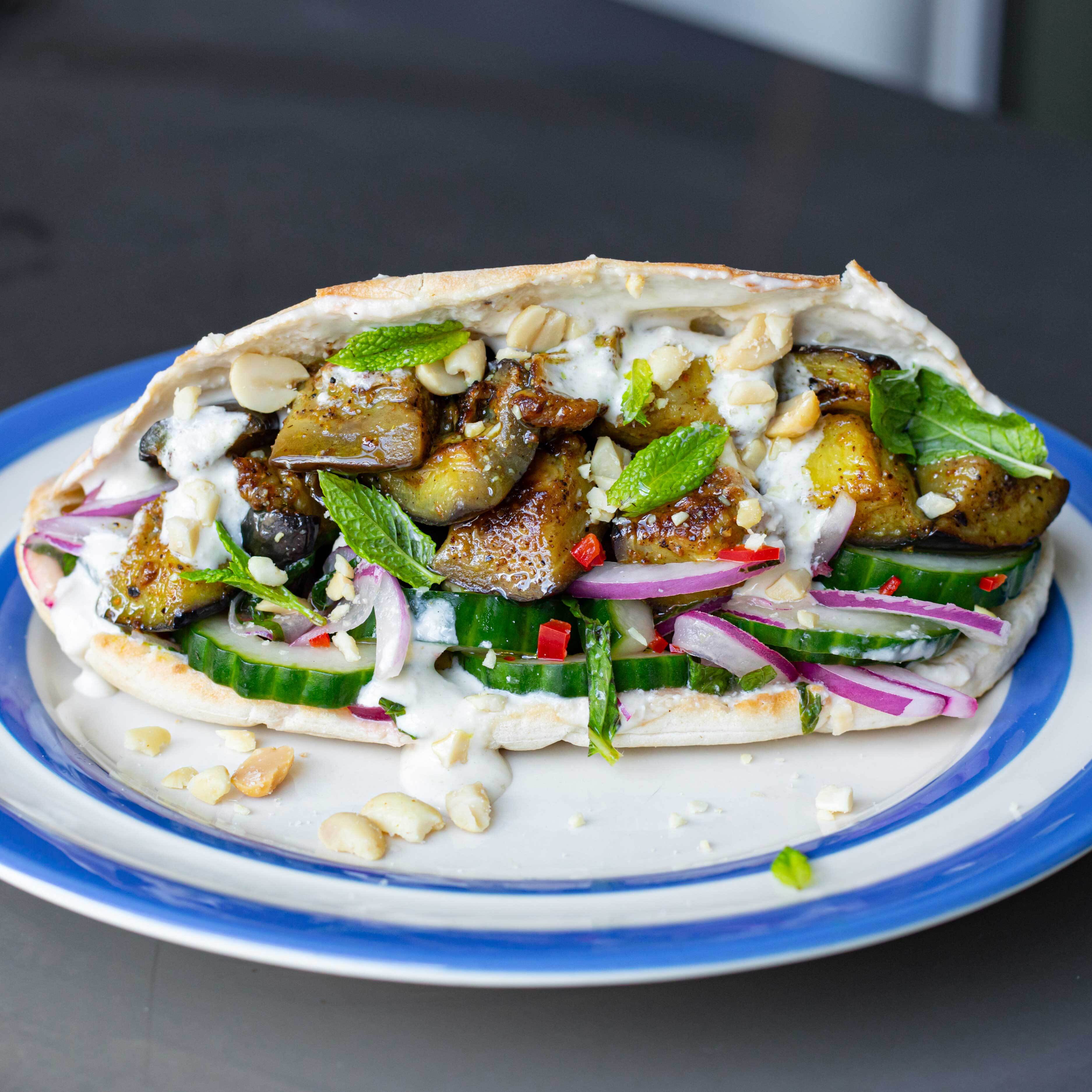 Spicy Aubergine Pitta With Peanut Dressing-image