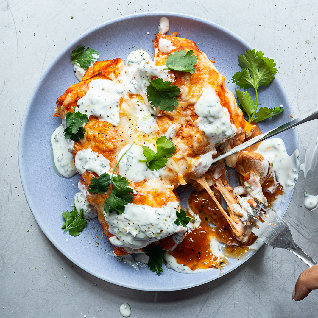 Air Fryer Chicken Tikka Enchiladas with Mint Yoghurt & Mango Chutney