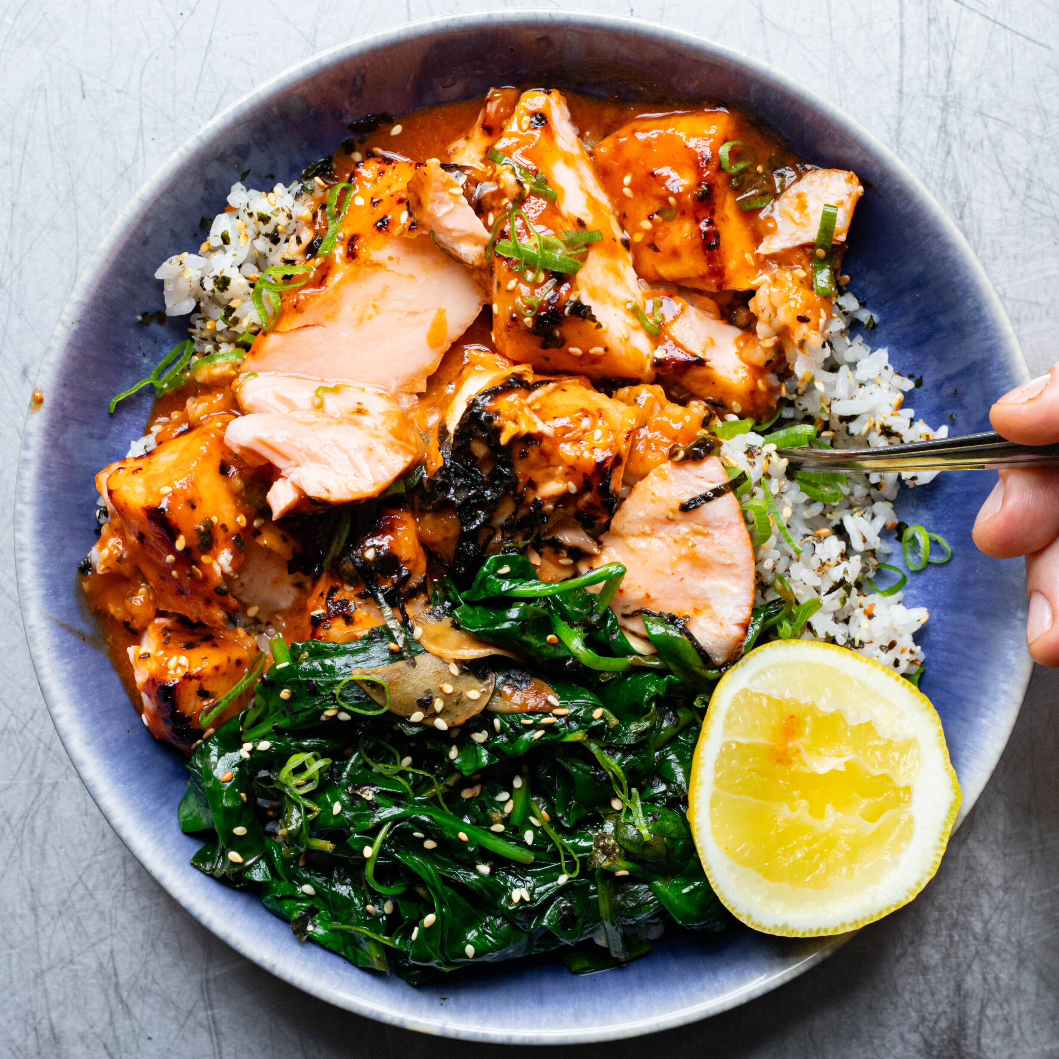 Spicy Salmon Bowl with Sesame Rice & Soy Butter Spinach