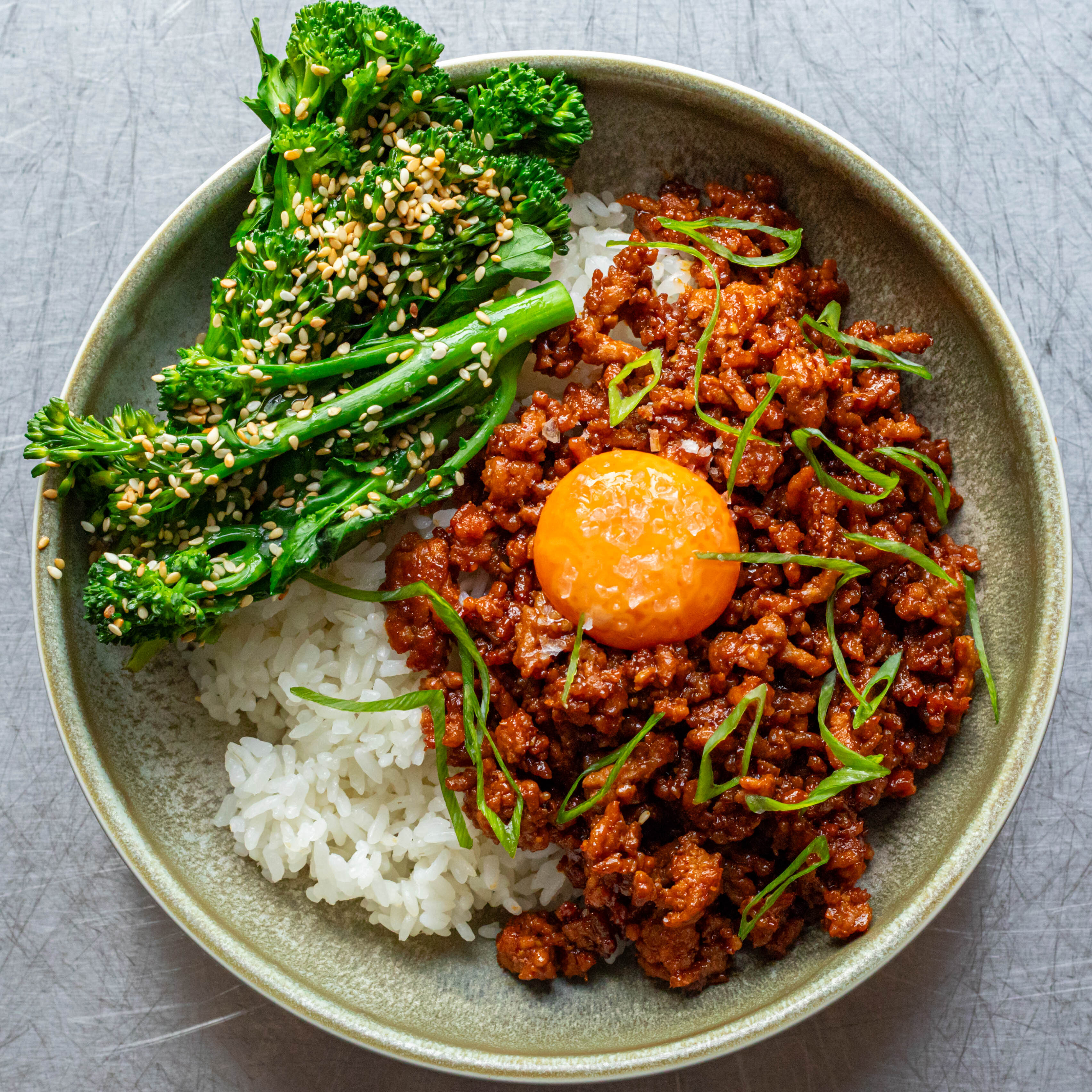 Spicy Pork Rice Bowl with Sesame Broccoli