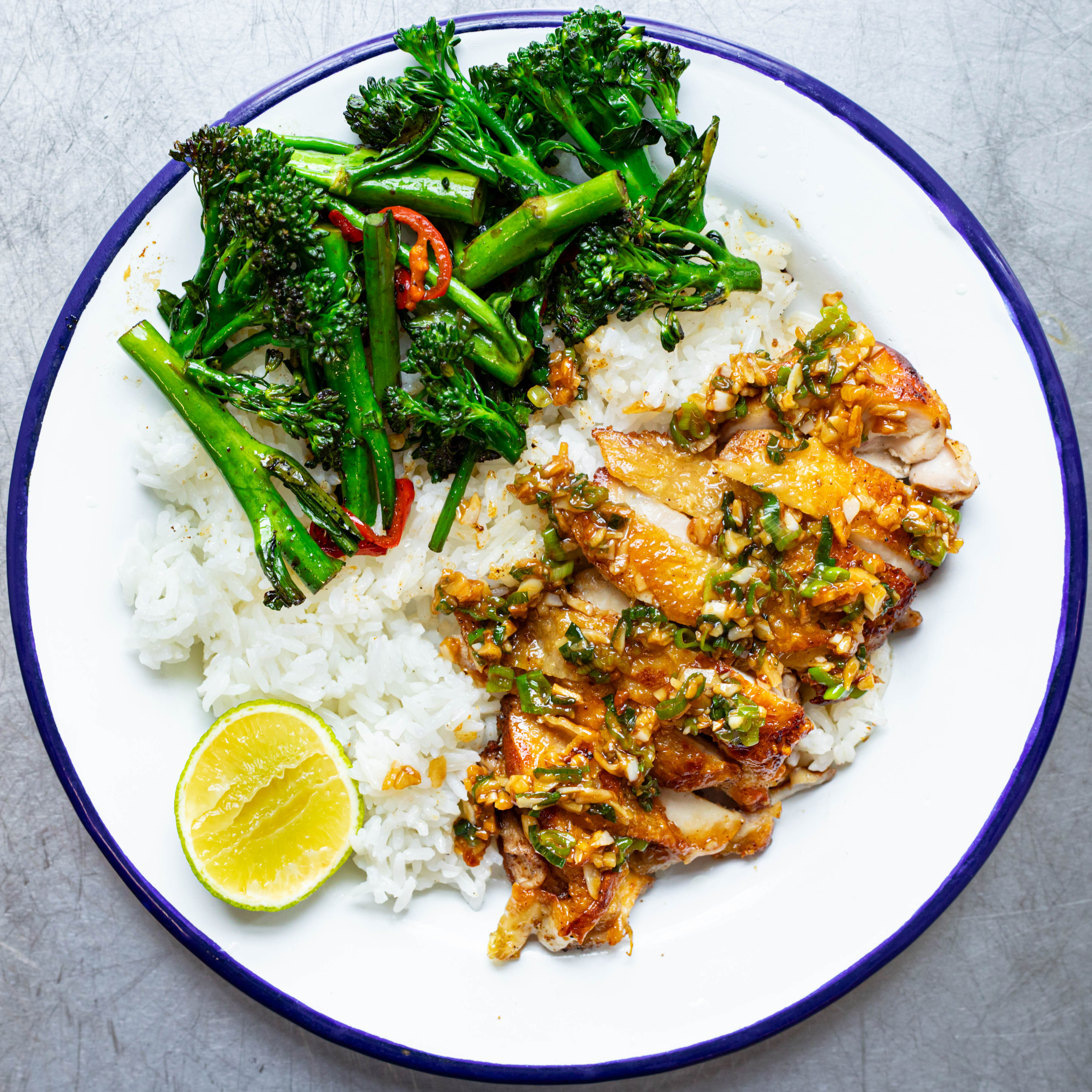 Crispy Garlic Chicken with Lime Chilli Broccoli & Rice-image